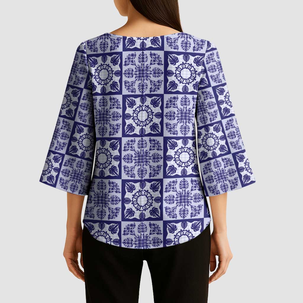 Polu Palaka Quilt Hawaii Kimono Sleeve Blouse Hawaiian Tropical Monstera Sea Turtle