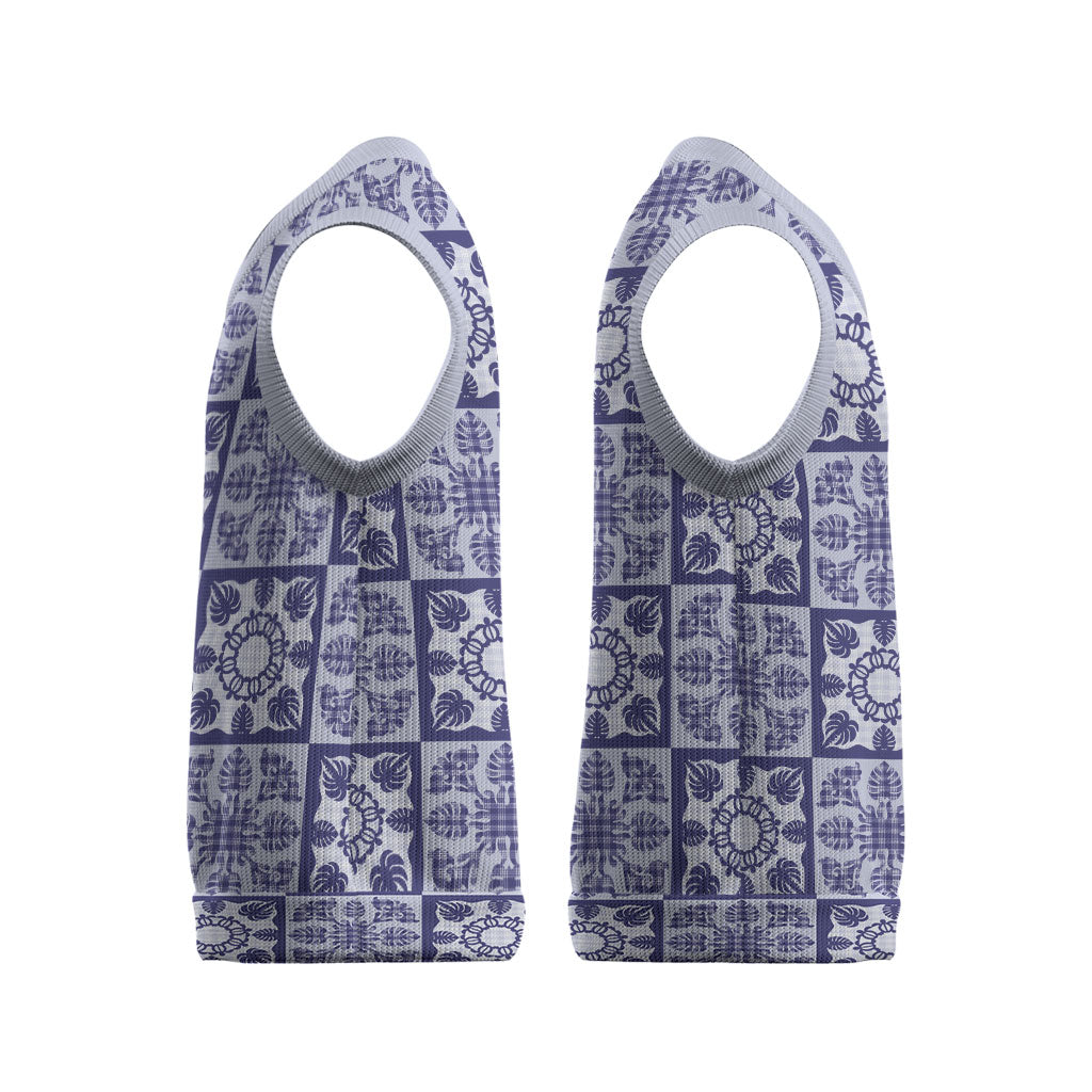Polu Palaka Quilt Hawaii Christmas Knitted V-Neck Vest Hawaiian Tropical Monstera Sea Turtle