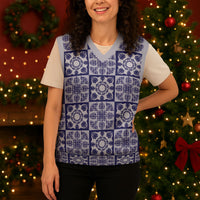 Polu Palaka Quilt Hawaii Christmas Knitted V-Neck Vest Hawaiian Tropical Monstera Sea Turtle