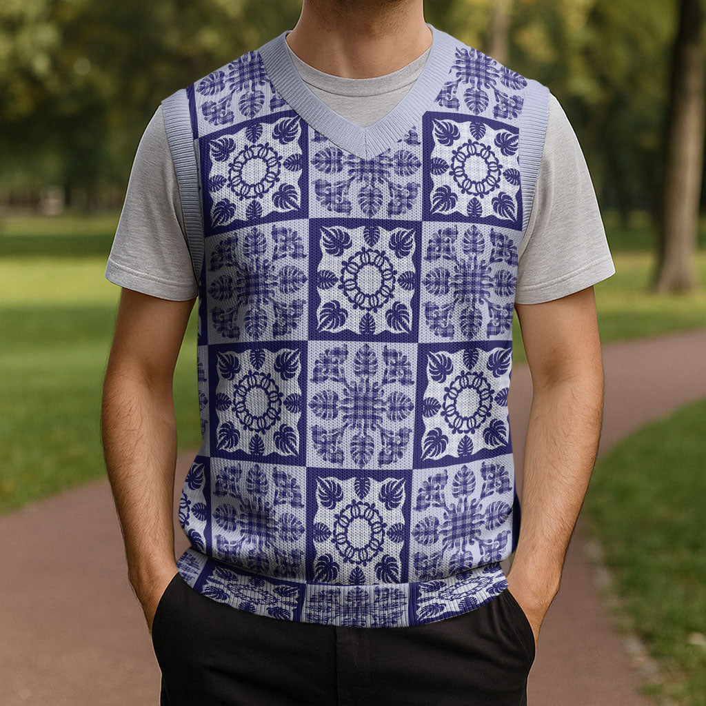 Polu Palaka Quilt Hawaii Christmas Knitted V-Neck Vest Hawaiian Tropical Monstera Sea Turtle