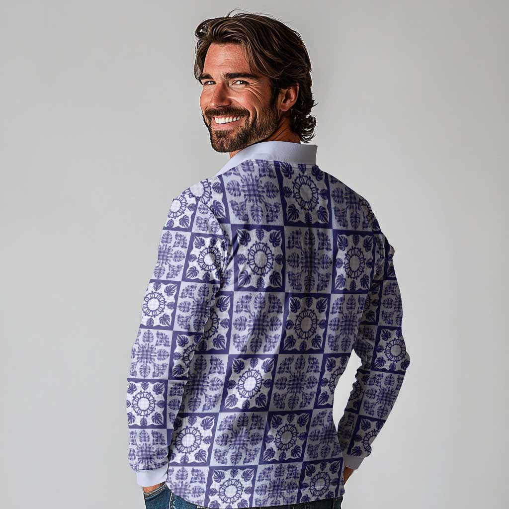 Polu Palaka Quilt Hawaii Long Sleeve Polo Shirt Hawaiian Tropical Monstera Sea Turtle