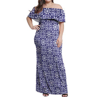 Polu Palaka Quilt Hawaii Off Shoulder Maxi Dress Hawaiian Tropical Monstera Sea Turtle