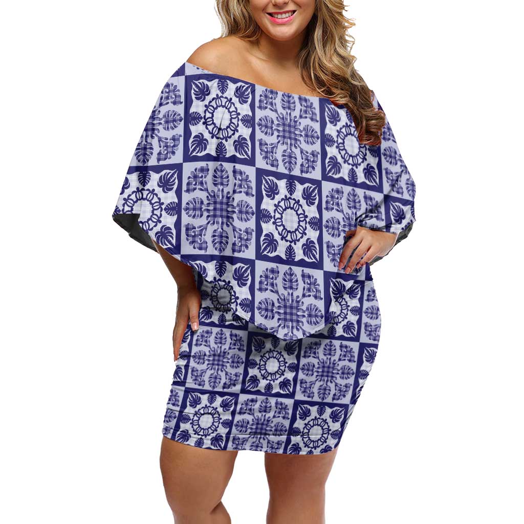 Polu Palaka Quilt Hawaii Off Shoulder Short Dress Hawaiian Tropical Monstera Sea Turtle