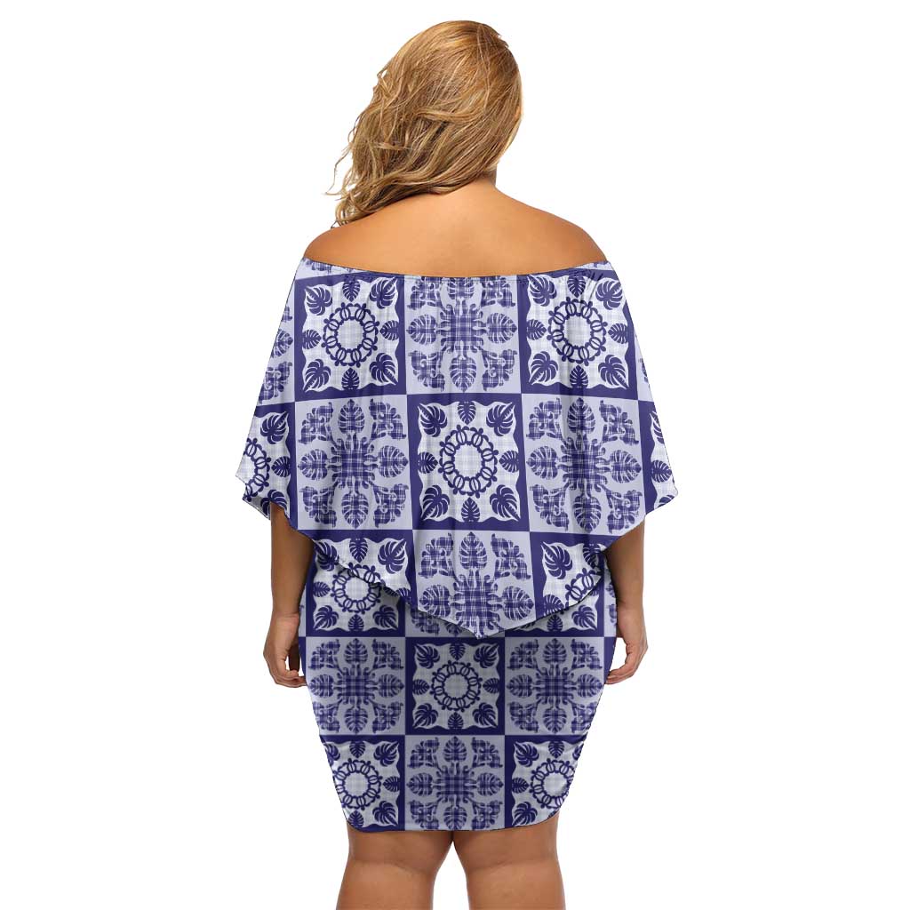 Polu Palaka Quilt Hawaii Off Shoulder Short Dress Hawaiian Tropical Monstera Sea Turtle