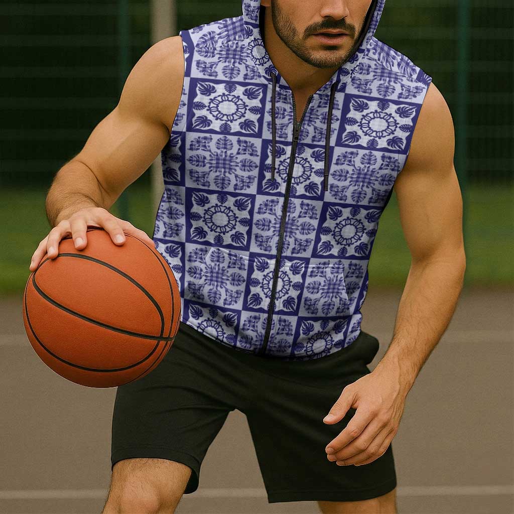 Polu Palaka Quilt Hawaii Sleeveless Zip Hoodie Hawaiian Tropical Monstera Sea Turtle