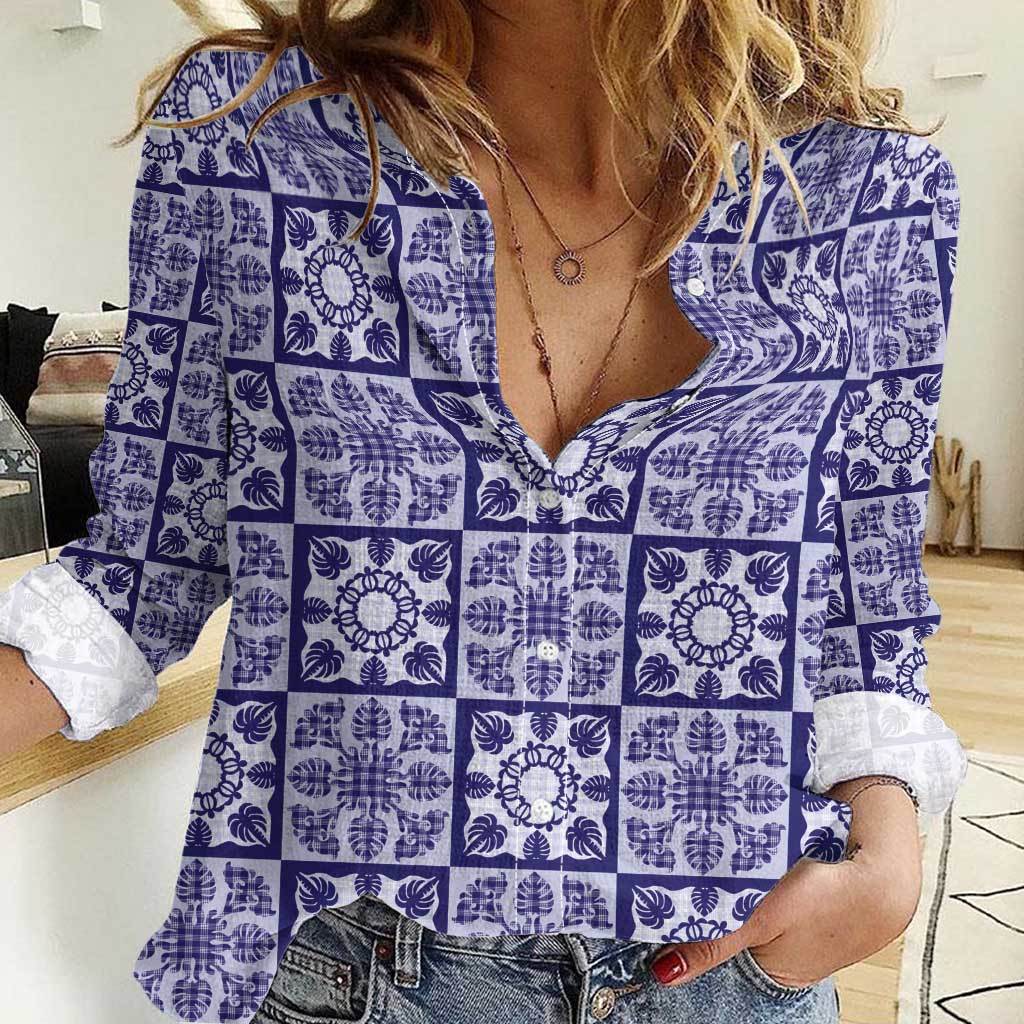 Polu Palaka Quilt Hawaii Women Casual Shirt Hawaiian Tropical Monstera Sea Turtle