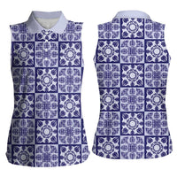 Polu Palaka Quilt Hawaii Women Sleeveless Polo Shirt Hawaiian Tropical Monstera Sea Turtle