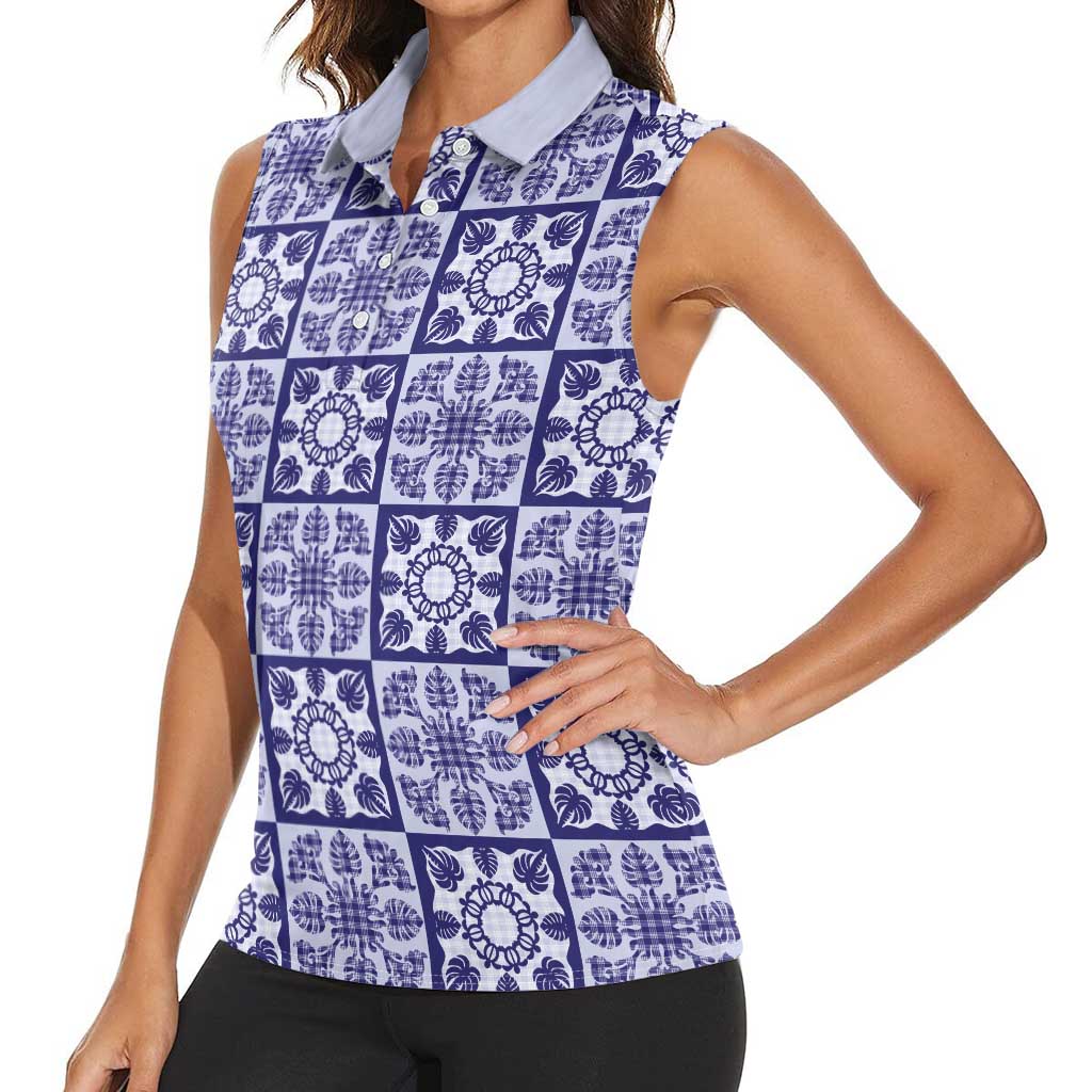 Polu Palaka Quilt Hawaii Women Sleeveless Polo Shirt Hawaiian Tropical Monstera Sea Turtle