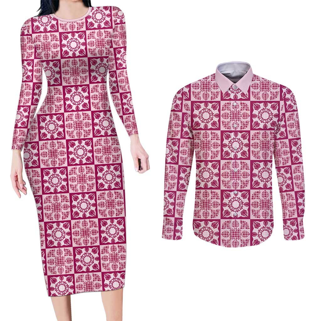 Akala Palaka Quilt Hawaii Couples Matching Long Sleeve Bodycon Dress and Long Sleeve Button Shirt Hawaiian Tropical Monstera Sea Turtle LT14 Pink - Polynesian Pride