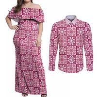 Akala Palaka Quilt Hawaii Couples Matching Off Shoulder Maxi Dress and Long Sleeve Button Shirt Hawaiian Tropical Monstera Sea Turtle