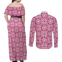 Akala Palaka Quilt Hawaii Couples Matching Off Shoulder Maxi Dress and Long Sleeve Button Shirt Hawaiian Tropical Monstera Sea Turtle