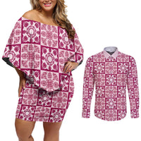 Akala Palaka Quilt Hawaii Couples Matching Off Shoulder Short Dress and Long Sleeve Button Shirt Hawaiian Tropical Monstera Sea Turtle
