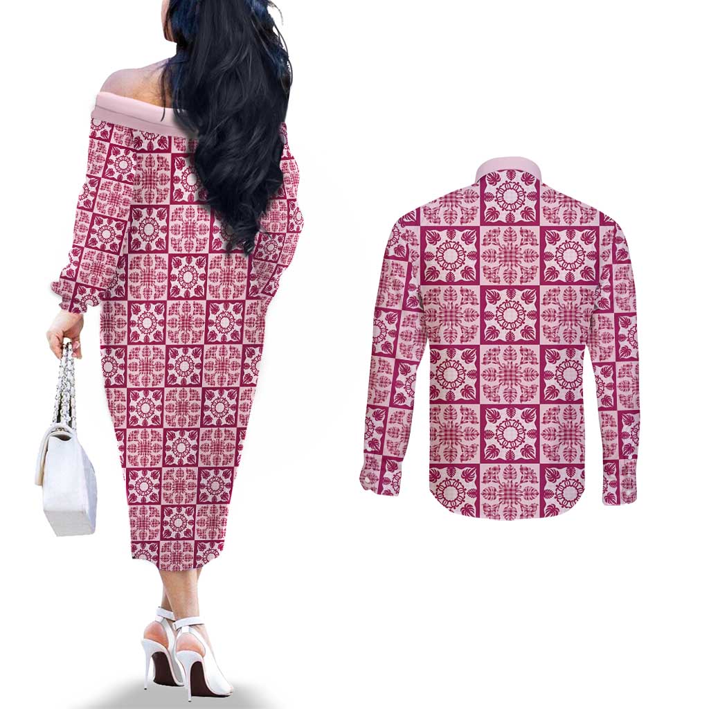 Akala Palaka Quilt Hawaii Couples Matching Off The Shoulder Long Sleeve Dress and Long Sleeve Button Shirt Hawaiian Tropical Monstera Sea Turtle LT14 - Polynesian Pride