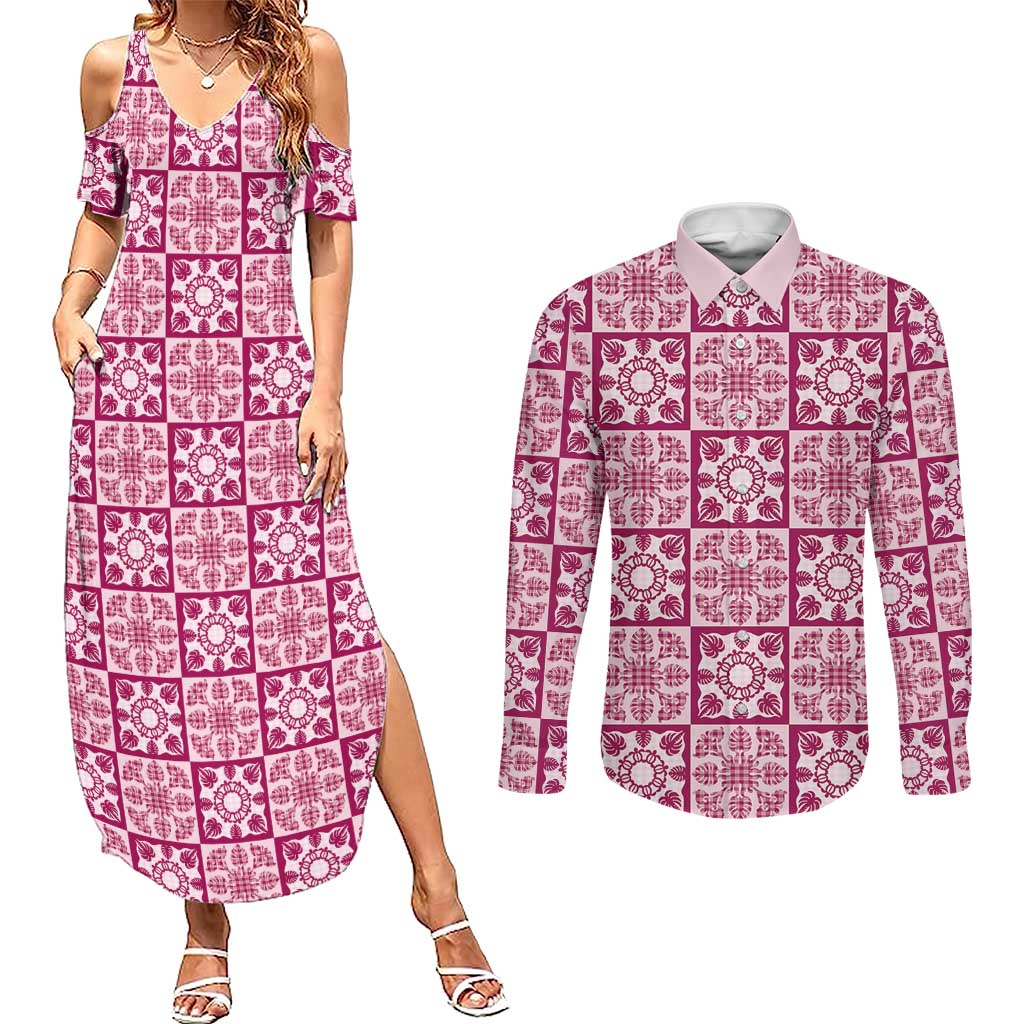 Akala Palaka Quilt Hawaii Couples Matching Summer Maxi Dress and Long Sleeve Button Shirt Hawaiian Tropical Monstera Sea Turtle