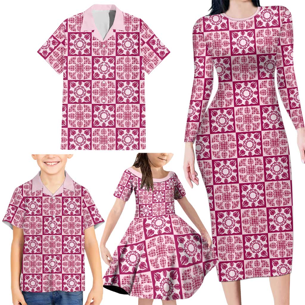 Akala Palaka Quilt Hawaii Family Matching Long Sleeve Bodycon Dress and Hawaiian Shirt Hawaiian Tropical Monstera Sea Turtle LT14 - Polynesian Pride