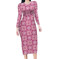 Akala Palaka Quilt Hawaii Family Matching Long Sleeve Bodycon Dress and Hawaiian Shirt Hawaiian Tropical Monstera Sea Turtle LT14 Mom's Dress Pink - Polynesian Pride