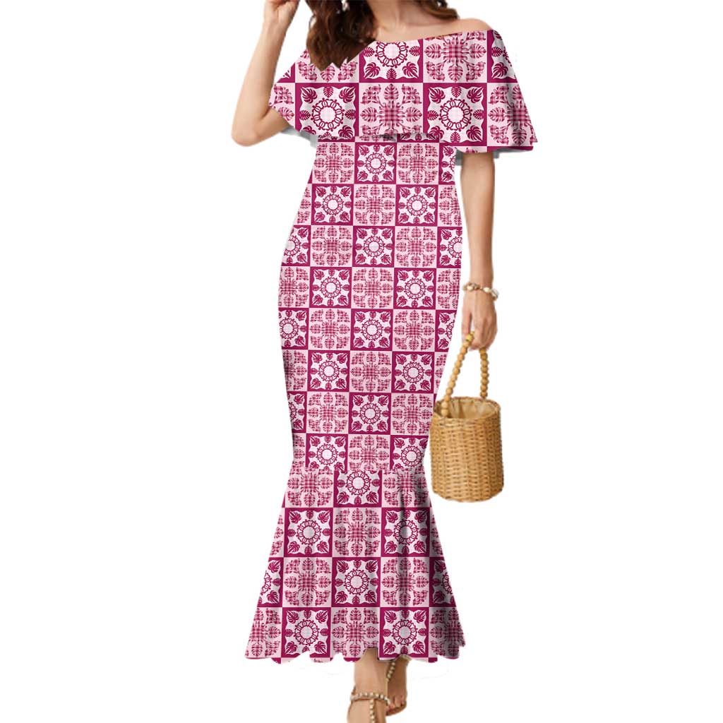 Akala Palaka Quilt Hawaii Family Matching Mermaid Dress and Hawaiian Shirt Hawaiian Tropical Monstera Sea Turtle LT14 Mom's Dress Pink - Polynesian Pride