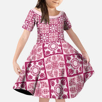 Akala Palaka Quilt Hawaii Family Matching Off The Shoulder Long Sleeve Dress and Hawaiian Shirt Hawaiian Tropical Monstera Sea Turtle LT14 Daughter's Dress Pink - Polynesian Pride