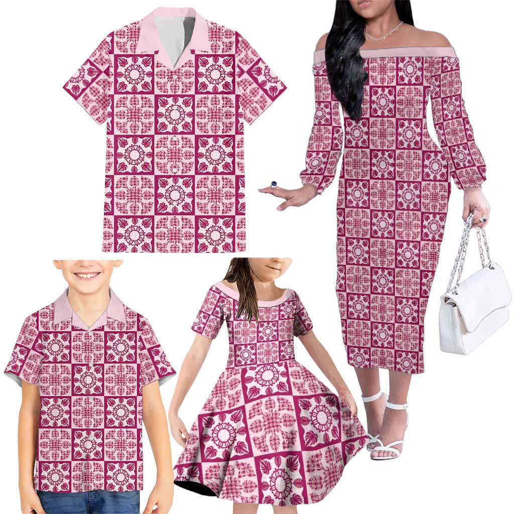 Akala Palaka Quilt Hawaii Family Matching Off The Shoulder Long Sleeve Dress and Hawaiian Shirt Hawaiian Tropical Monstera Sea Turtle LT14 - Polynesian Pride