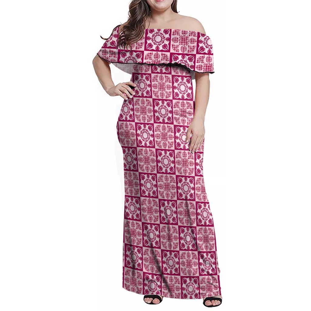 Akala Palaka Quilt Hawaii Family Matching Off Shoulder Maxi Dress and Hawaiian Shirt Hawaiian Tropical Monstera Sea Turtle LT14 Mom's Dress Pink - Polynesian Pride