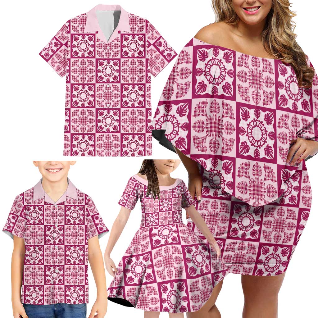 Akala Palaka Quilt Hawaii Family Matching Off Shoulder Short Dress and Hawaiian Shirt Hawaiian Tropical Monstera Sea Turtle LT14 - Polynesian Pride