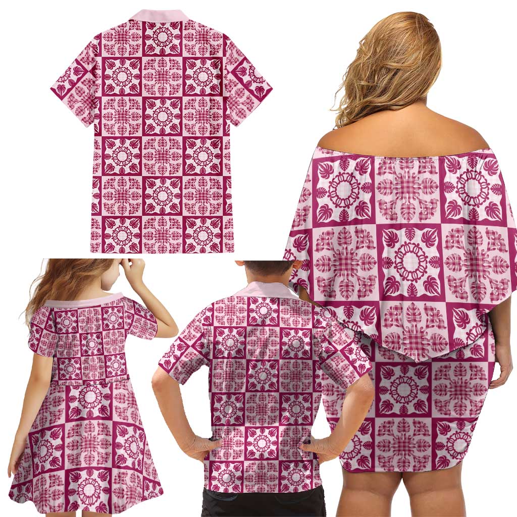 Akala Palaka Quilt Hawaii Family Matching Off Shoulder Short Dress and Hawaiian Shirt Hawaiian Tropical Monstera Sea Turtle LT14 - Polynesian Pride