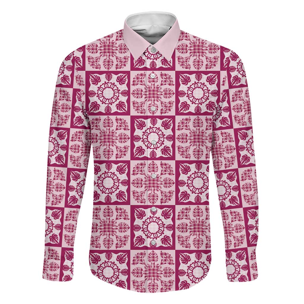 Akala Palaka Quilt Hawaii Family Matching Puletasi and Hawaiian Shirt Hawaiian Tropical Monstera Sea Turtle LT14 Dad's Shirt - Long Sleeve Pink - Polynesian Pride