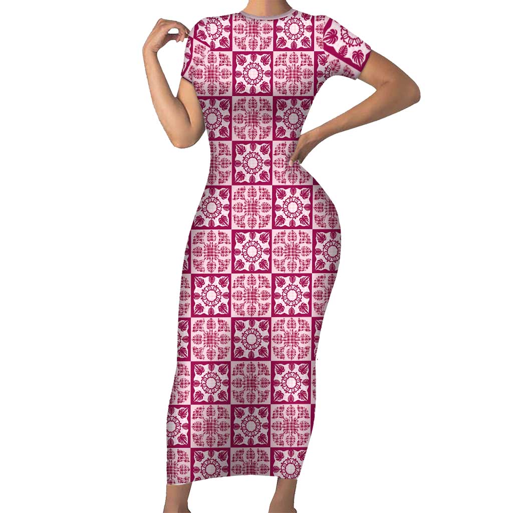 Akala Palaka Quilt Hawaii Family Matching Short Sleeve Bodycon Dress and Hawaiian Shirt Hawaiian Tropical Monstera Sea Turtle LT14 Mom's Dress Pink - Polynesian Pride