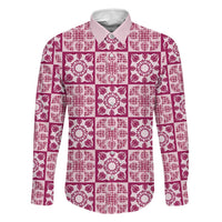 Akala Palaka Quilt Hawaii Family Matching Tank Maxi Dress and Hawaiian Shirt Hawaiian Tropical Monstera Sea Turtle LT14 Dad's Shirt - Long Sleeve Pink - Polynesian Pride