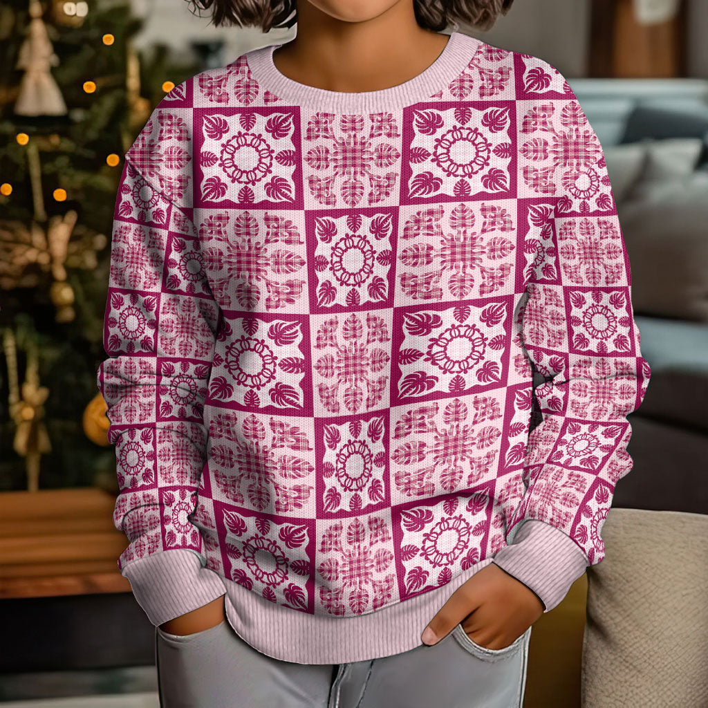 Akala Palaka Quilt Hawaii Kid Ugly Christmas Sweater Hawaiian Tropical Monstera Sea Turtle