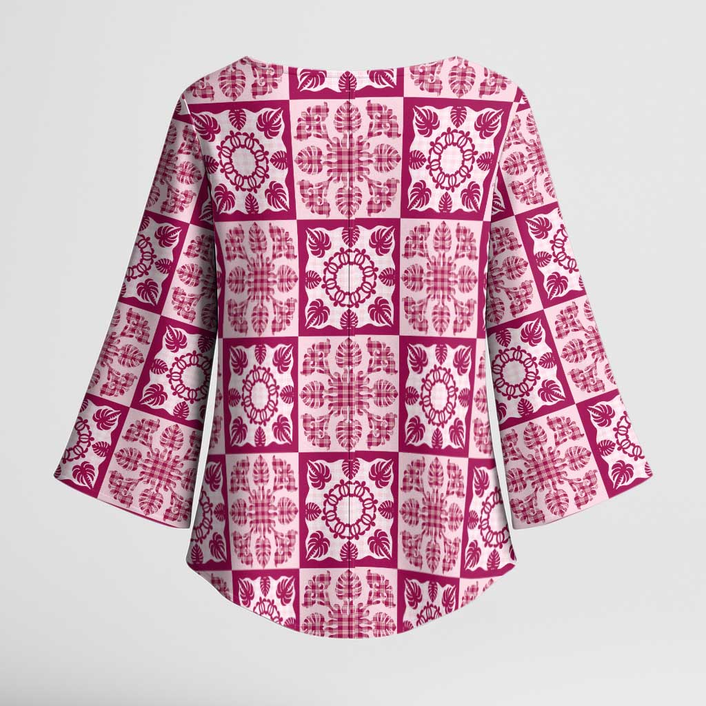 Akala Palaka Quilt Hawaii Kimono Sleeve Blouse Hawaiian Tropical Monstera Sea Turtle
