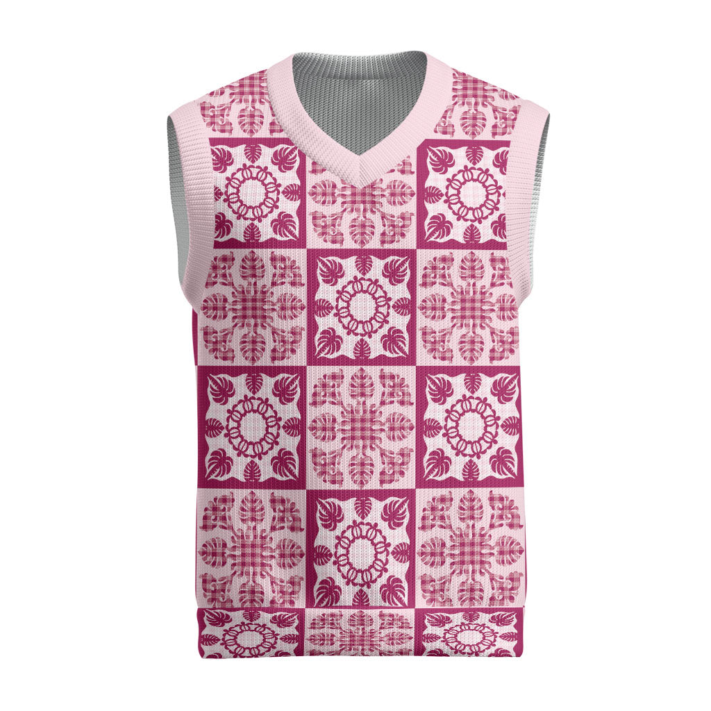 Akala Palaka Quilt Hawaii Christmas Knitted V-Neck Vest Hawaiian Tropical Monstera Sea Turtle