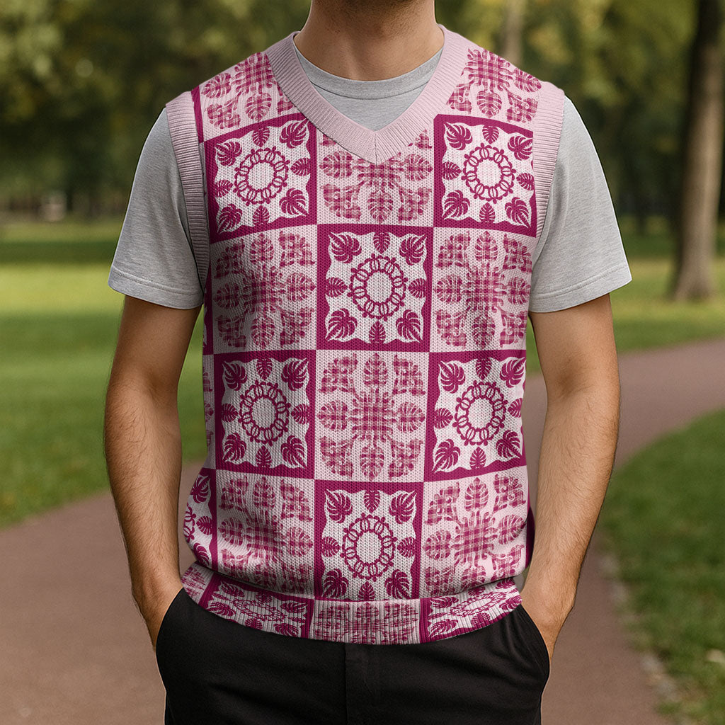 Akala Palaka Quilt Hawaii Christmas Knitted V-Neck Vest Hawaiian Tropical Monstera Sea Turtle