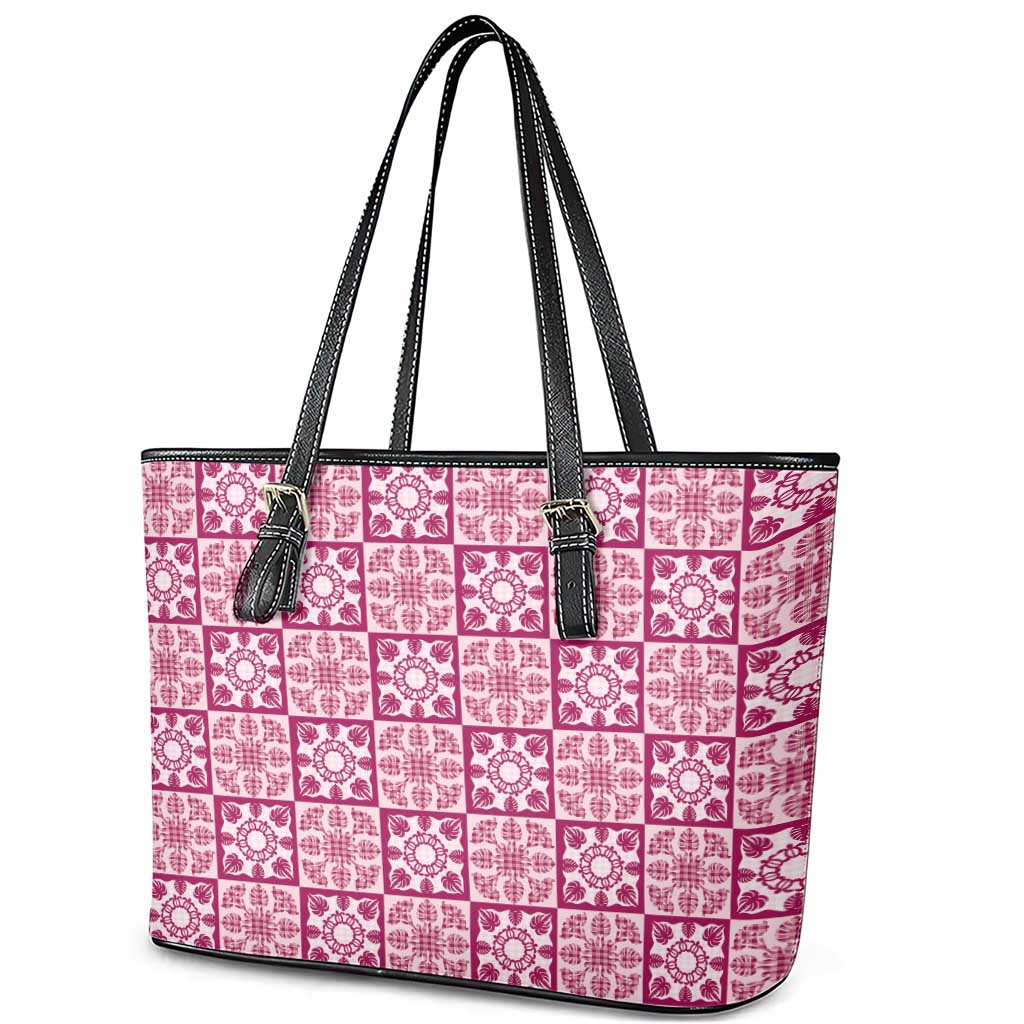 Akala Palaka Quilt Hawaii Leather Tote Bag Hawaiian Tropical Monstera Sea Turtle
