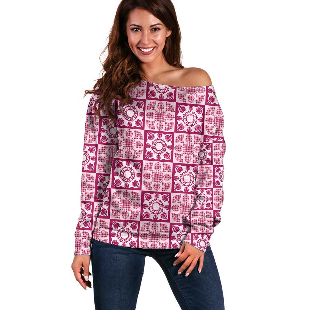 Akala Palaka Quilt Hawaii Off Shoulder Sweater Hawaiian Tropical Monstera Sea Turtle