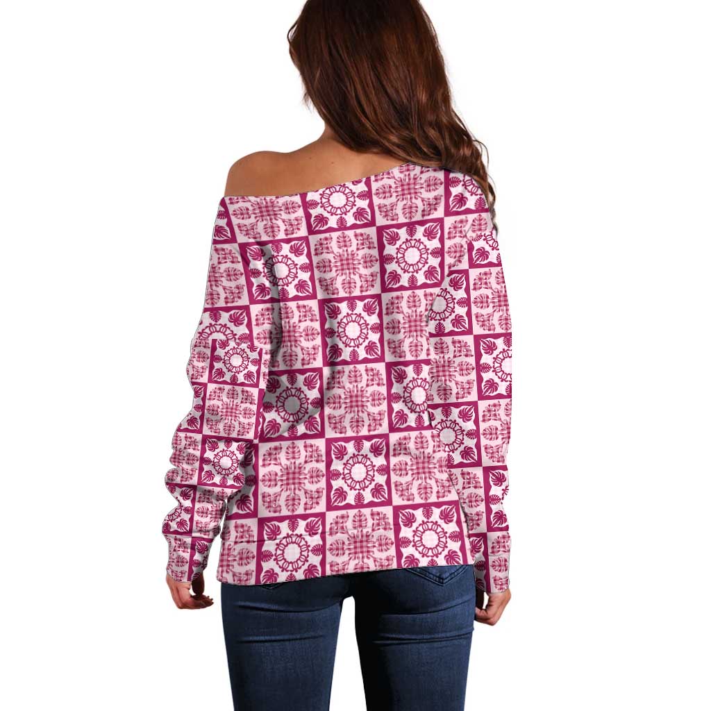 Akala Palaka Quilt Hawaii Off Shoulder Sweater Hawaiian Tropical Monstera Sea Turtle
