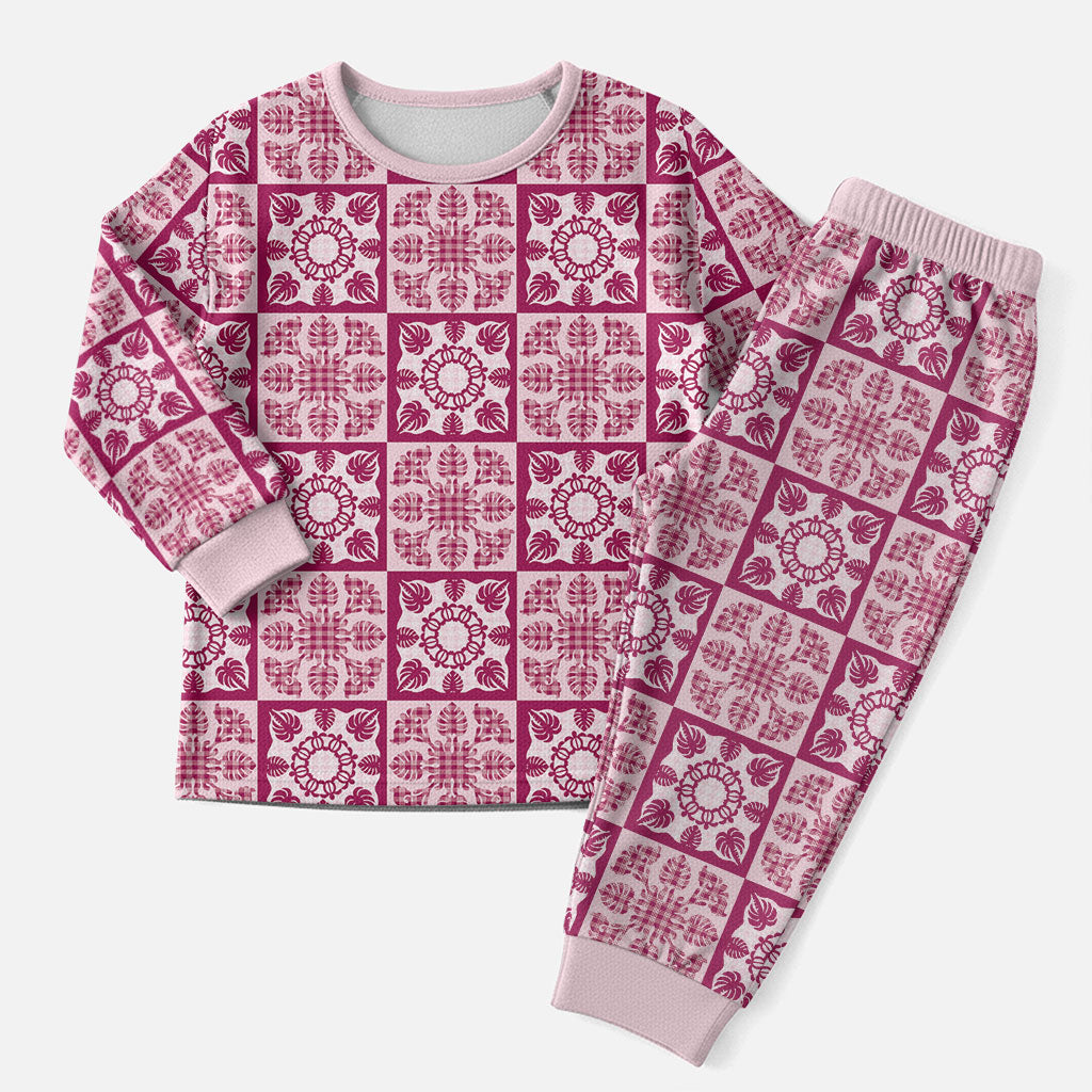 Akala Palaka Quilt Hawaii Christmas Pajama Set Hawaiian Tropical Monstera Sea Turtle