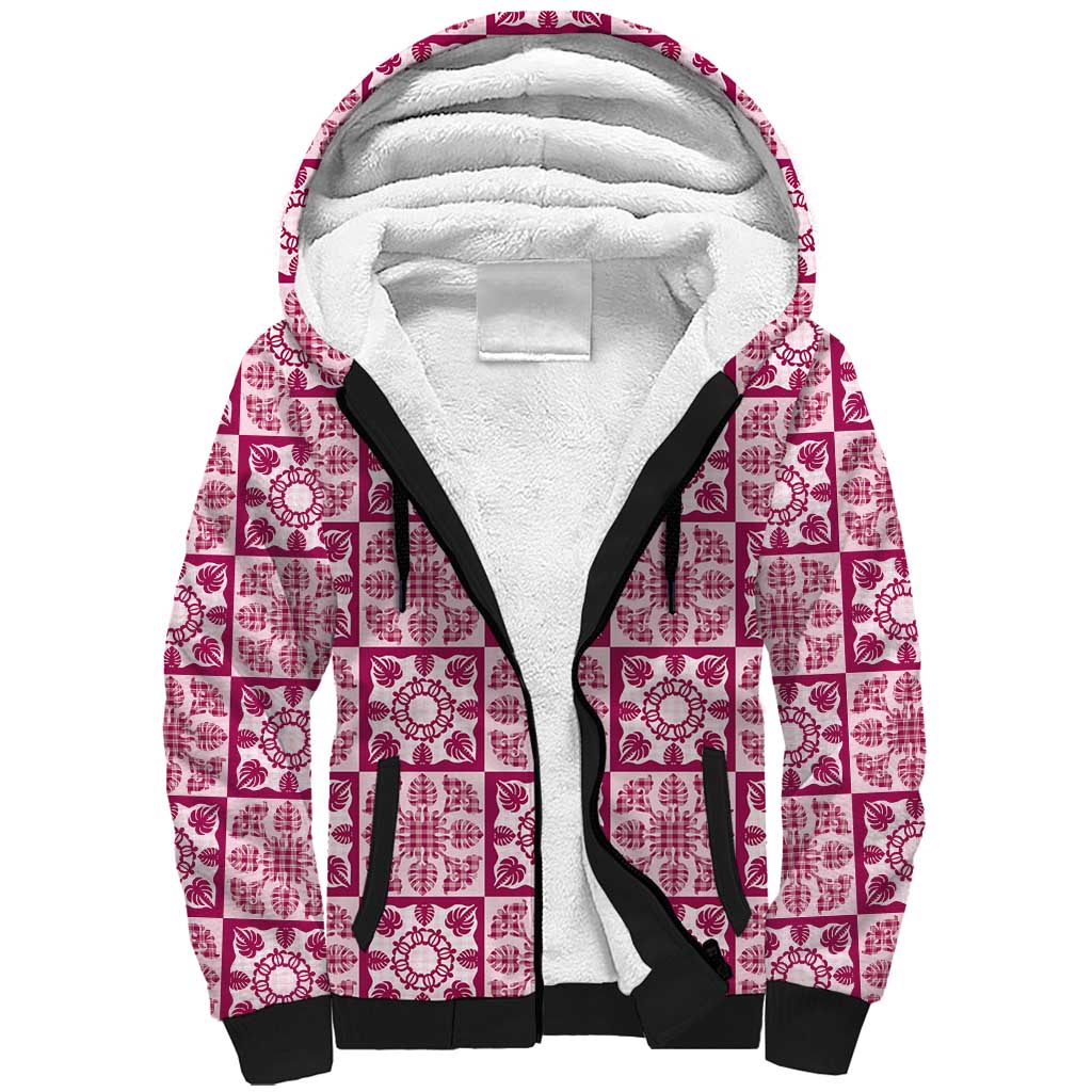 Akala Palaka Quilt Hawaii Sherpa Hoodie Hawaiian Tropical Monstera Sea Turtle