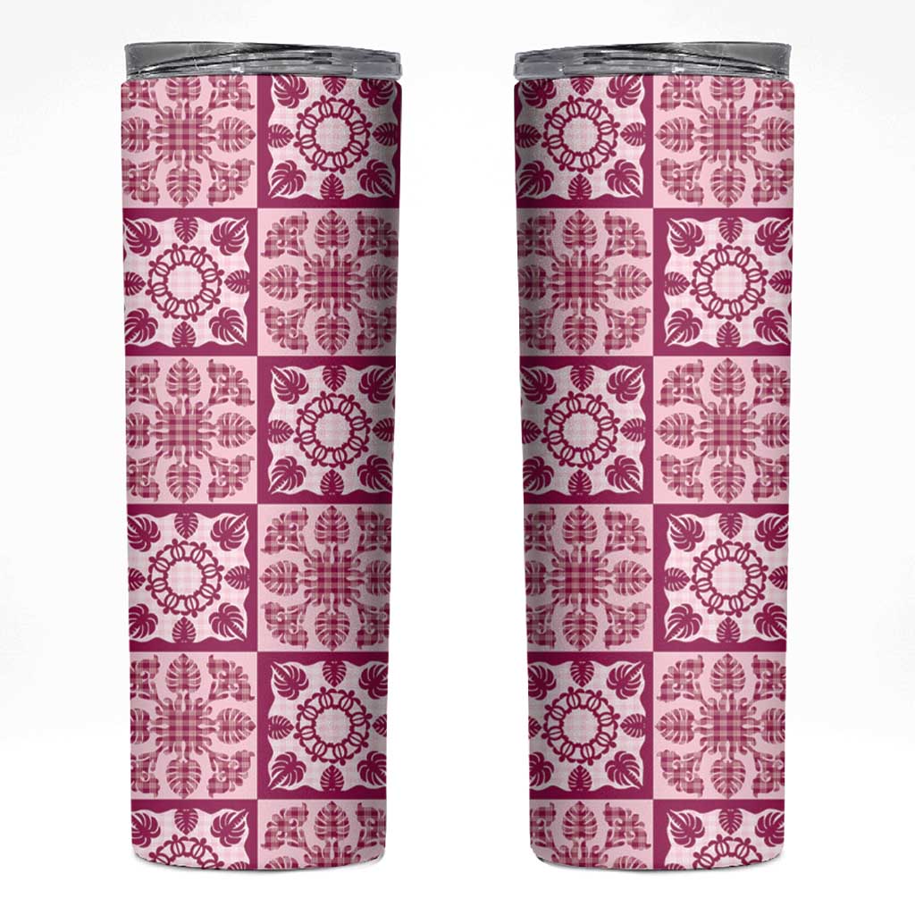 Akala Palaka Quilt Hawaii Skinny Tumbler Hawaiian Tropical Monstera Sea Turtle LT14 Pink - Polynesian Pride