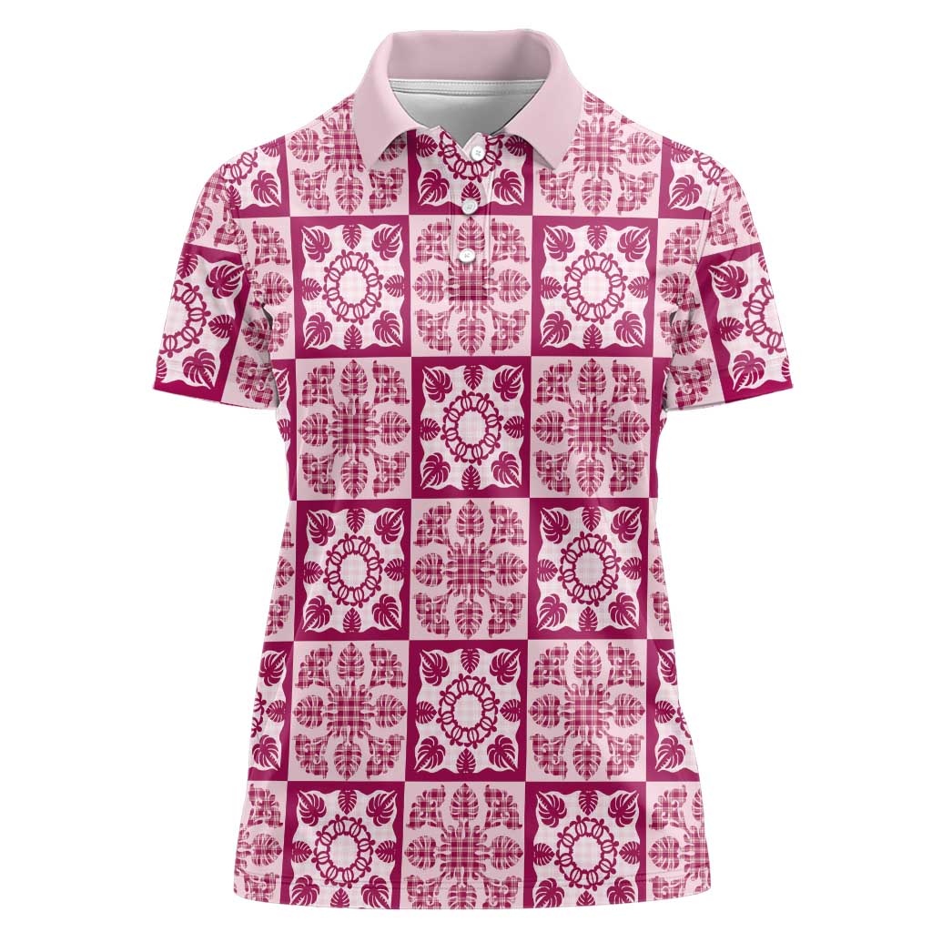 Akala Palaka Quilt Hawaii Women Polo Shirt Hawaiian Tropical Monstera Sea Turtle