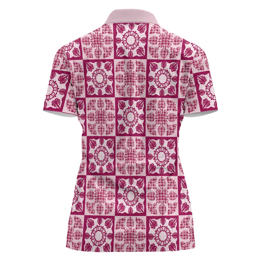 Akala Palaka Quilt Hawaii Women Polo Shirt Hawaiian Tropical Monstera Sea Turtle