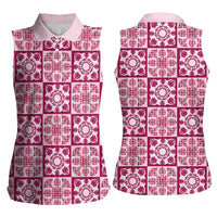 Akala Palaka Quilt Hawaii Women Sleeveless Polo Shirt Hawaiian Tropical Monstera Sea Turtle