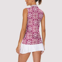 Akala Palaka Quilt Hawaii Women Sleeveless Polo Shirt Hawaiian Tropical Monstera Sea Turtle