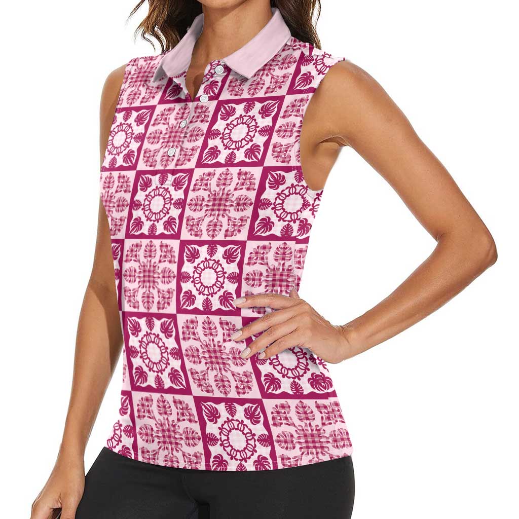 Akala Palaka Quilt Hawaii Women Sleeveless Polo Shirt Hawaiian Tropical Monstera Sea Turtle