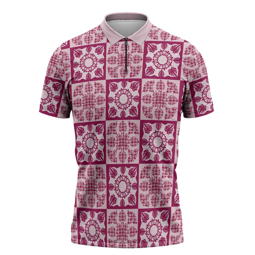 Akala Palaka Quilt Hawaii Zipper Polo Shirt Hawaiian Tropical Monstera Sea Turtle