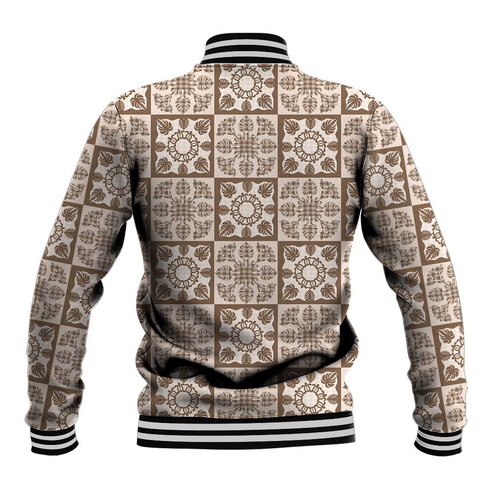 Beige Palaka Quilt Hawaii Baseball Jacket Hawaiian Tropical Monstera Sea Turtle
