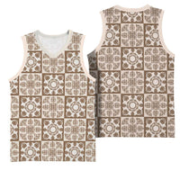 Beige Palaka Quilt Hawaii Basketball Jersey Hawaiian Tropical Monstera Sea Turtle