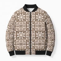 Beige Palaka Quilt Hawaii Bomber Puffer Jacket Hawaiian Tropical Monstera Sea Turtle
