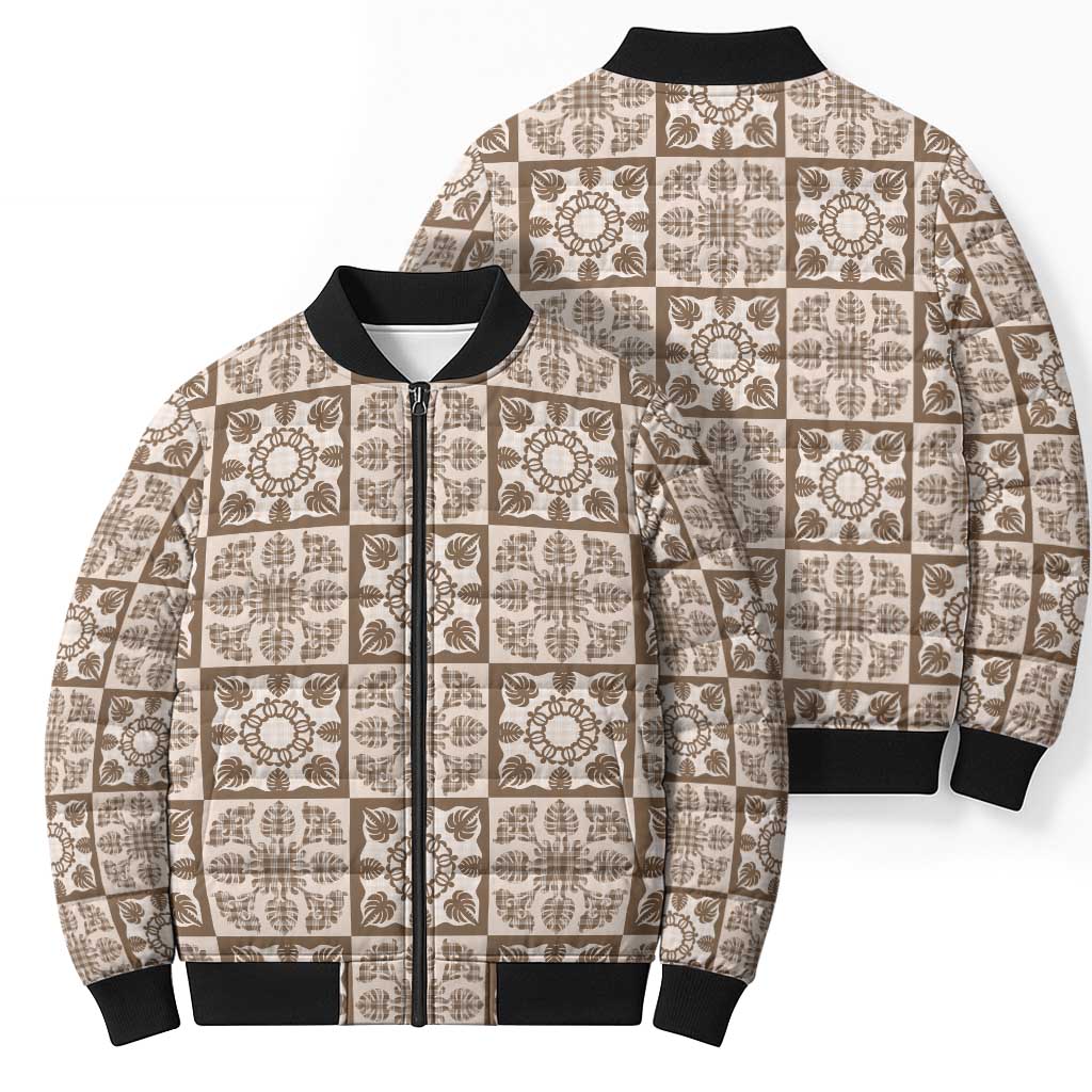 Beige Palaka Quilt Hawaii Bomber Puffer Jacket Hawaiian Tropical Monstera Sea Turtle