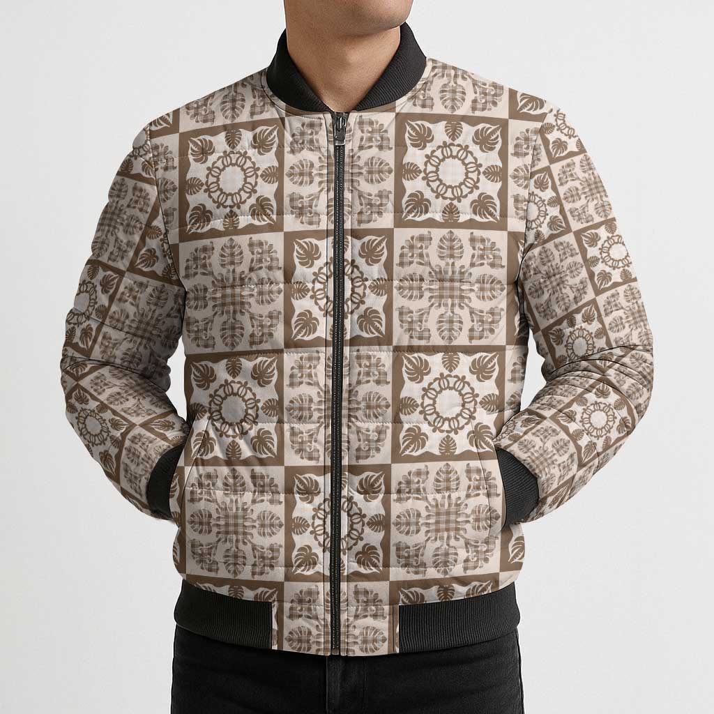 Beige Palaka Quilt Hawaii Bomber Puffer Jacket Hawaiian Tropical Monstera Sea Turtle